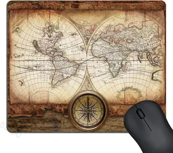  Винтажная карта мира Золотой компас Игровой коврик для мыши Нескользящий резиновый коврик для мыши Водонепроницаемый коврик для мыши для офисного ноутбука 9,5X7,9 дюйма