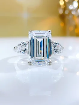 Модное и роскошное универсальное кольцо из стерлингового серебра 925 пробы изумрудной огранки с роскошными свадебными украшениями с высоким содержанием углерода и бриллиантами
