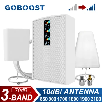 GOBOOST 3-диапазонный усилитель сигнала 70 дБ 2G + 3G + 4G Усилитель сотовой связи 850 900 1700 1800 1900 2100 МГц Ретранслятор с антенной с высоким коэффициентом усиления