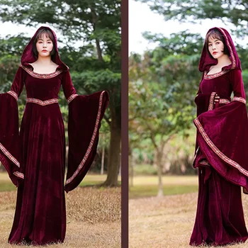 средневековый ретро готический толстовка с капюшоном ведьма длинная юбка роскошная женская вечеринка платье косплей вампир хэллоуин взрослый костюм