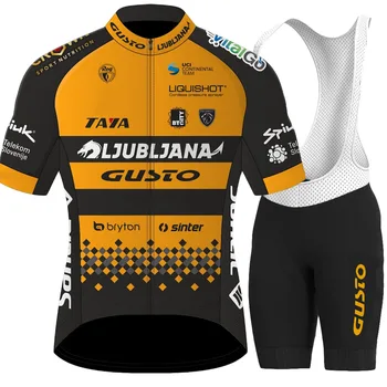 Ljubljana Gusto Team 2023 Велосипедный комплект Мужчины с коротким рукавом Словения Одежда Оранжевый Шоссейный велосипед Рубашки Костюм Велосипед Нагрудник Шорты MTB